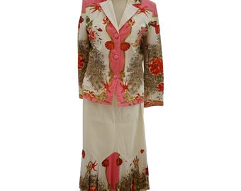 1980s Romano Firenze Cotton 2 Pieces Set. Vintage Italian Summer Suit. Floral Jacket and Skirt Set. 1970s skirt set Womens Cotton Skirt Suit