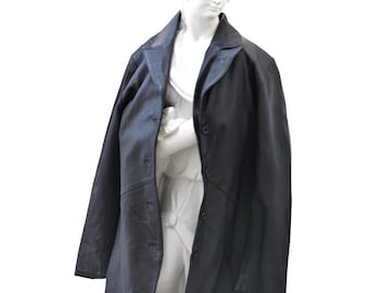 Svart lädermaxikapp | Trenchcoat i vintagestil, hellång | Lyxig lång svart läderöverrock för kvinnor och män | Gotiskt estetiska ytterkläder