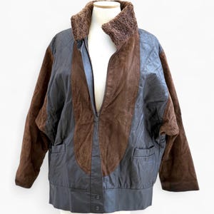 Vintage brown leather suede bomber jacket, Y2k suede western leather coat, Vintage boho shearling leather jacket, Patchwork jacket large
