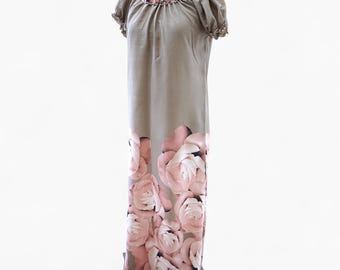 Vintage 1990s Silk Maxi Dress, 100% Silk Floral Gown, Retro Pink Roses Print, Romantic Puff Sleeve Evening Dress, Boho Wedding Guest Outfit