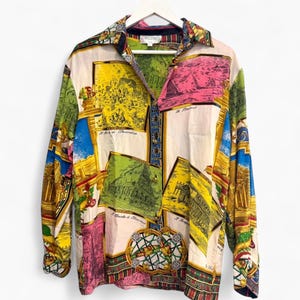 Vintage Silk Shirt Mazzini Italy Baroque Shirt Architectural Print 90s Colorful Statement Top Unisex Long Sleeve Y2k Retro Blouse Gift idea