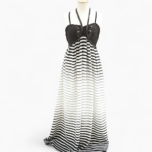 Vintage Black and White Greek Goddess Dress, Striped Infinity Dress, Boho Wedding Dress, Maxi Beach Dress, Y2k Summer Priestess Dress Gift