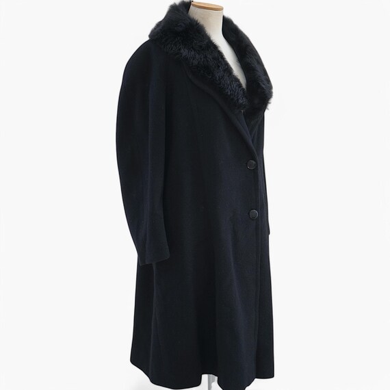 Lancetti 80s Fur Trim Black Wool Coat. Vintage Trench Coat With
