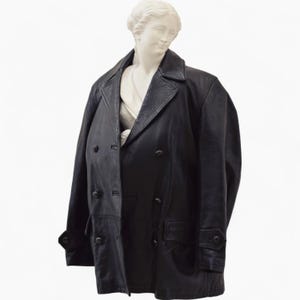 Women’s Black Leather Trench Coat, 90&#39;s Real Leather Mid‑Length Jacket, Vintage Minimalist Outerwear, Classic Trench for Fall & Winter Gift