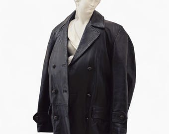 Women’s Black Leather Trench Coat, 90's Real Leather Mid‑Length Jacket, Vintage Minimalist Outerwear, Classic Trench for Fall & Winter Gift