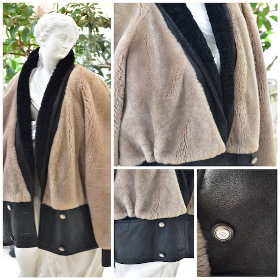 Vintage woman leather shearling jacket. Real leat