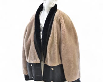 Damen Pelzmantel, Vintage Echtpelz Mantel, Beige Shearling Pelzjacke, Luxus Teddymantel, Y2k Damen Shearling Mantel. Echtpelz Jacke