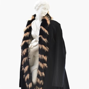 Women Black Cashmere and Wool Coat. Long Penny Lane Coat. Vintage Black Minimalist Coat with Fur Collar. Warm Lined Winter Overcoat Gift