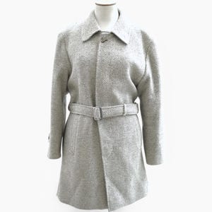 Abrigo vintage de lana con cinturón y diseño de espiga para mujer. Abrigo de cuadros de tweed gris de los años 70. Abrigo minimalista de lana estilo preppy de los años 80 con cierre de botones en talla grande