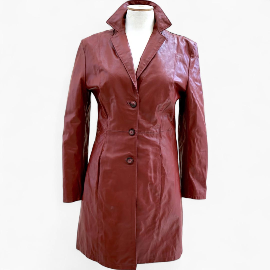 Red Leather Coat. Vintage Leather Jacket. Long Leather