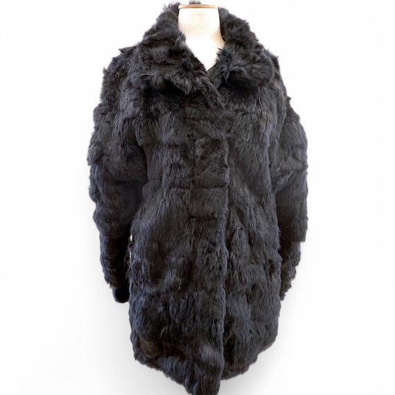 Vintage Rabbit Fur Coat. Long Fur Jacket in Black Colour