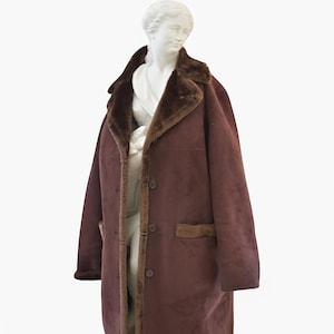 Interior faux fur jacket, brown vegan fur coat, fur collar jacket. Vegan leather overcoat Minimal suede leather coat, Women eco leather coat