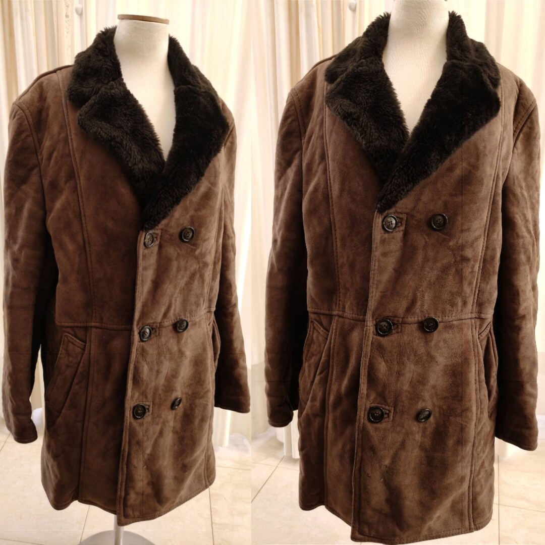 Brown Vintage Shearling Coat. Double Breasted Shearling Jacket