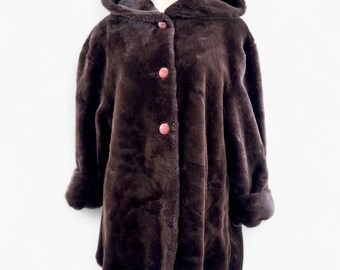 Women's brown hooded faux fur coat, Parka Winter Fur wear Warm Extra Size Outerwear Jacket, Festival Vegan Chinchilla Fur Hooded Winter Coat