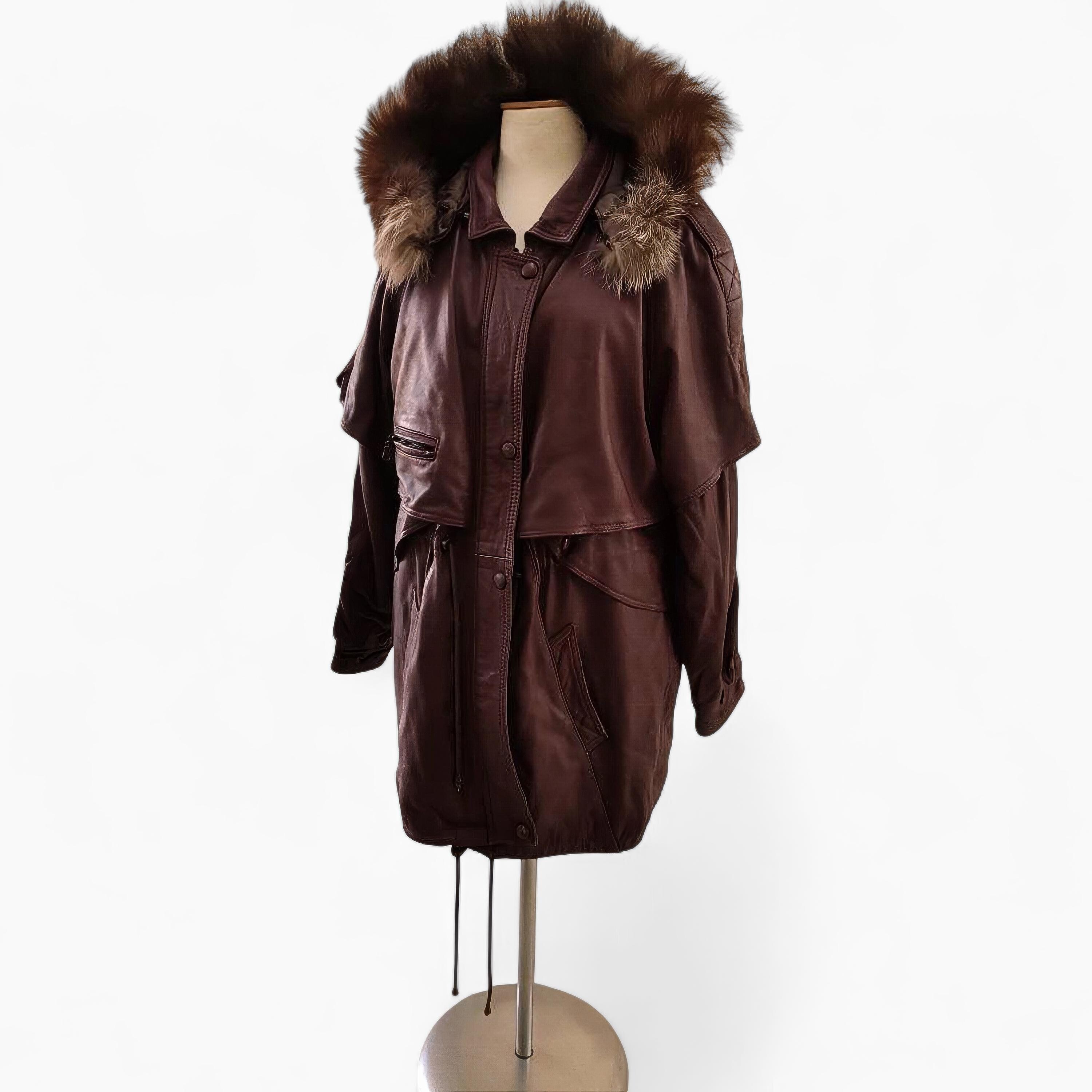 Burgundy Faux Fur Hooded Leather Jacket Women's Winter Coat