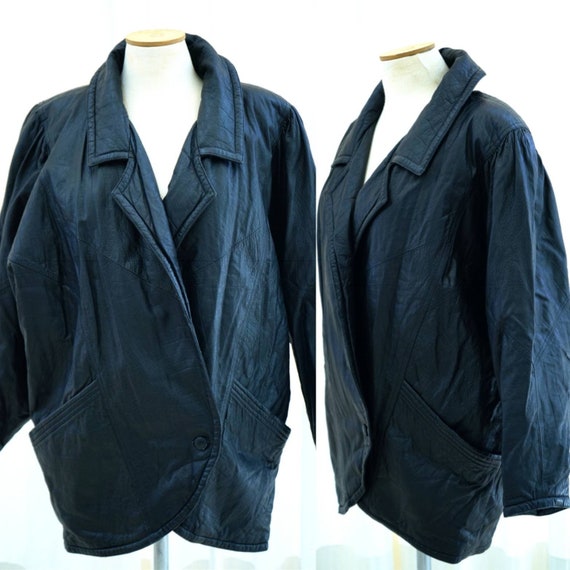 1980's Black Leather Coat, Vintage Woman Black le… - image 1