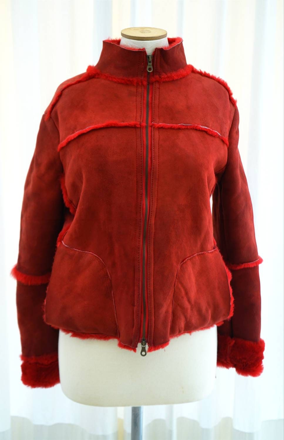 GALLOTTI Red Shearling Jacket. Real Sheepskin Coat. Pale Red