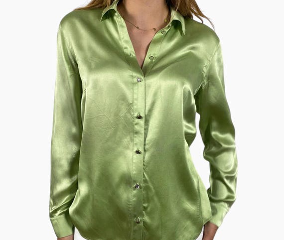 90s Vintage Pure Silk Shirt Green Satin Blouse Luxury Minimalist Button Up Long Sleeve Top Unisex Oversized Designer Statement Gift for Her