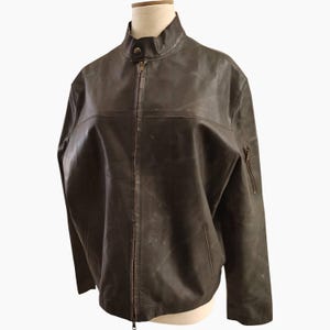 Blouson en cuir homme motard vintage café rétro en cuir de vachette effet vieilli, blouson moto en cuir véritable marron. Manteau en cuir noir Large