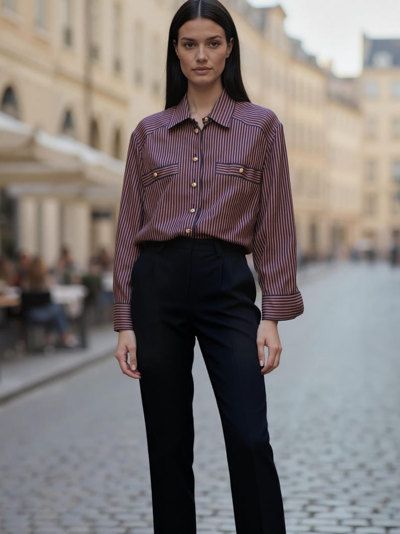 Escada Vintage sidenskjorta 90-tal | Randig 80-talstopp i ren siden | Lyxig designerblus | Preppy långärmad topp | Vintagekläder, present till henne bild 2