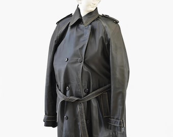 FREEHERON Black Leather Trench Coat, Vintage 70s Double Breasted Minimalist Maxi Belted Leather Jacket, 1990s Womens Spring Trench Coat Gift