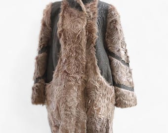 Women's Natural Fur Coat. Vintage Lamb Leather Coat, 1940s 1950s Swing Brown Fur. Sheep Fur Winter Coats Sheepskin Jacket Oversized Fur Cape