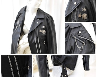 Black Leather Punk Jacket. Woman Black Leather Jacket. Men Vintage Faux Leather Coat . Belted Leather Coat. Rocker Biker Jacket Aviator