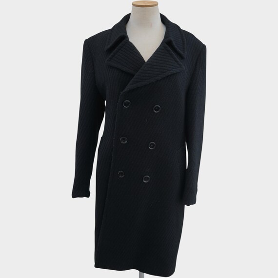 Vintage black long wool coat men, double breasted minimalist overcoat, ribbed textured unisex winter jacket, 90's women winter overcoat gift