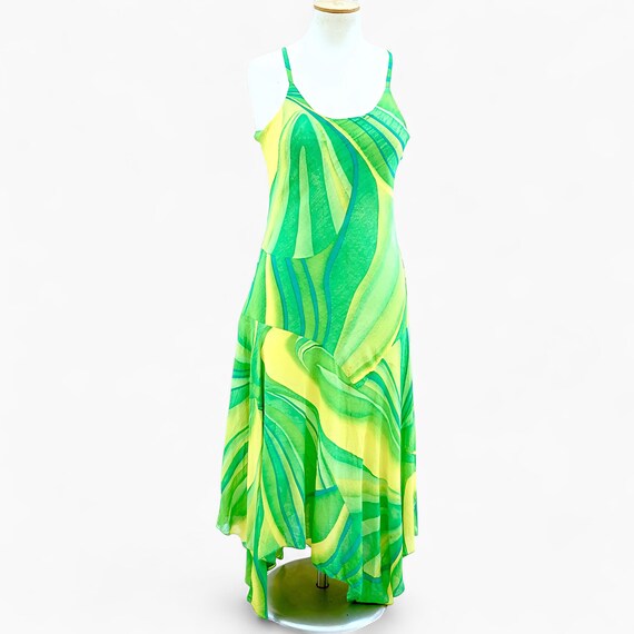 Vintage Y2K Green Psychedelic Slip Dress – Asymmetrical Hem, Retro 90s  Swirl Print, Festival Dress, Boho Long Dress, Vintage Clothing, Gift