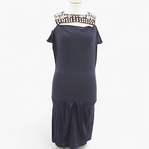 Navy blue jersey dress with stone-detailed neck, cocktail dress, wedding guest dress, midi party dress, formal prom dress, gift for  her