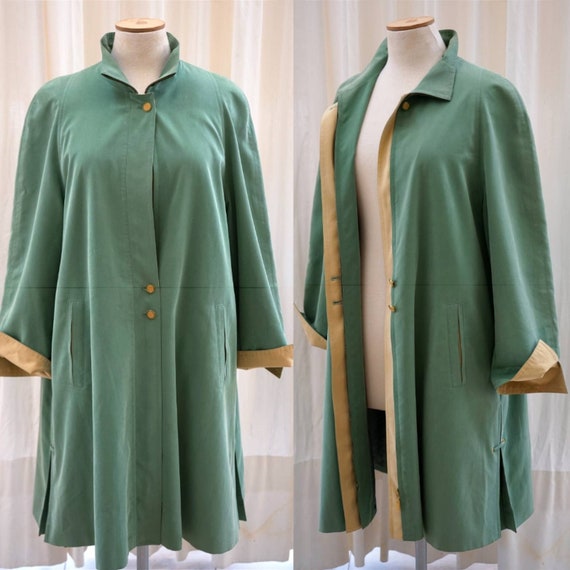 Vintage Women 80's Coat. Trench Mac Jacket Green-… - image 1