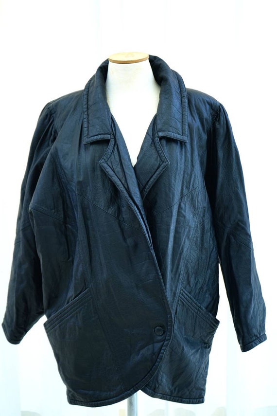 1980's Black Leather Coat, Vintage Woman Black le… - image 2