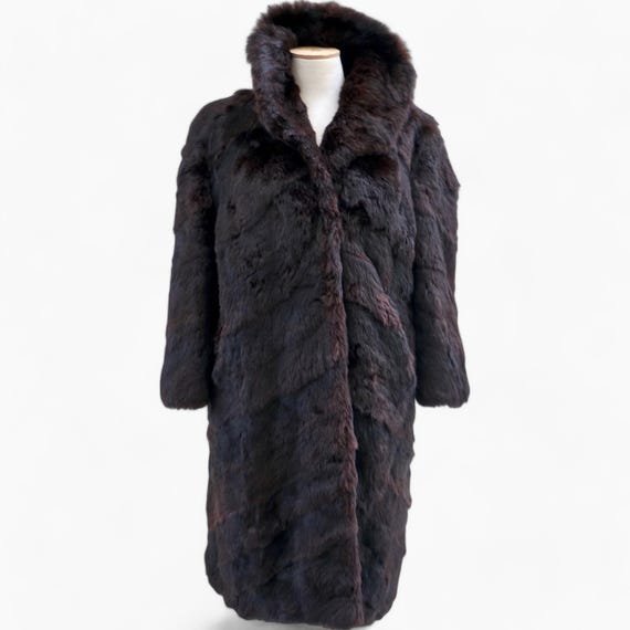80's Real Rabbit Fur Coat. Women Brown Full Length Coat, Vintage