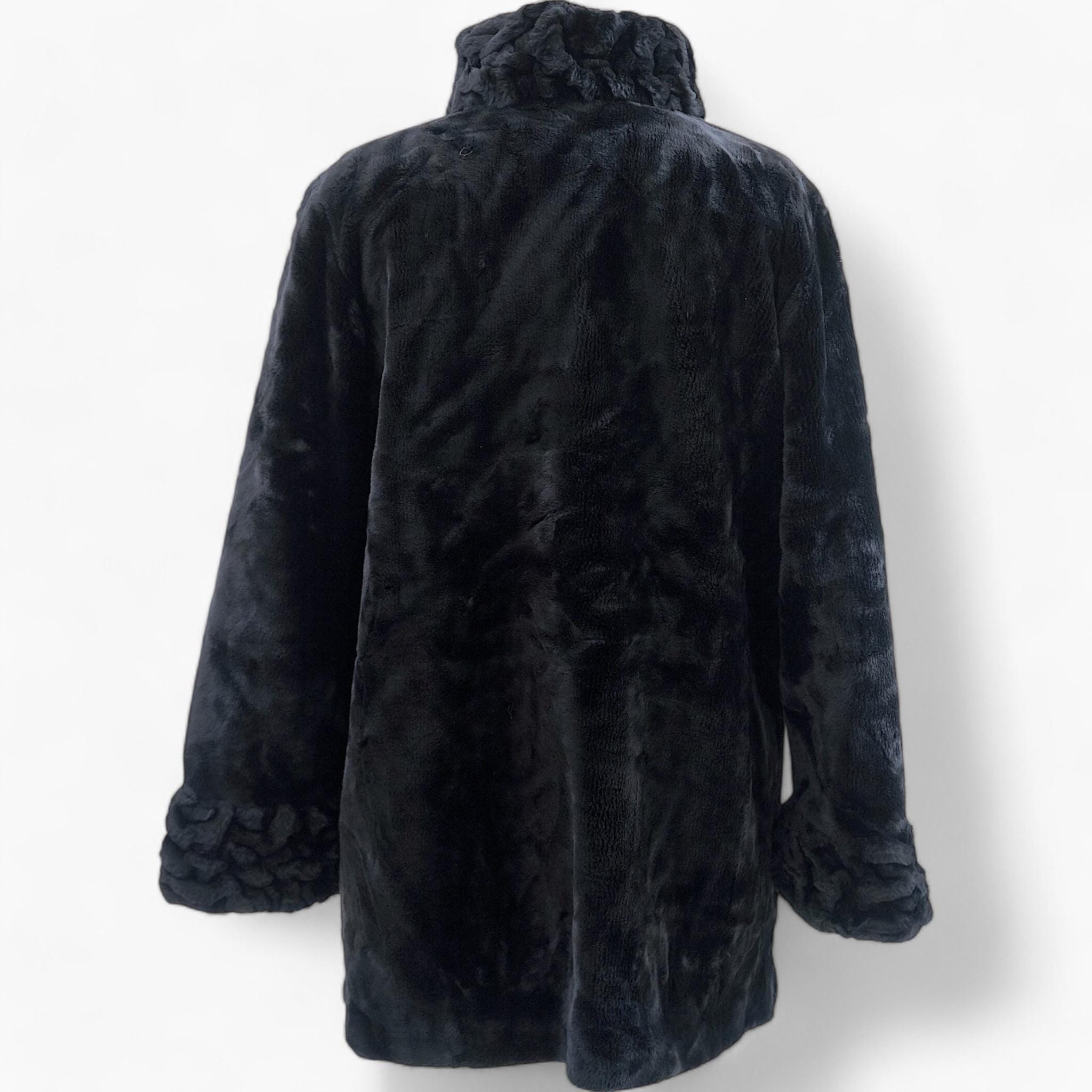 80's Black Teddy Coat Faux Fur Jacket Eco Friendly Fur Coat