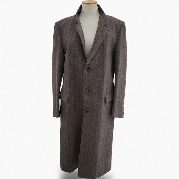 Zegna Brown Tweed Wool Coat Men, Vintage Single Breasted Winter Jacket, Luxury Minimalist Clothing, Herringbone Long Overcoat XL Gift Idea
