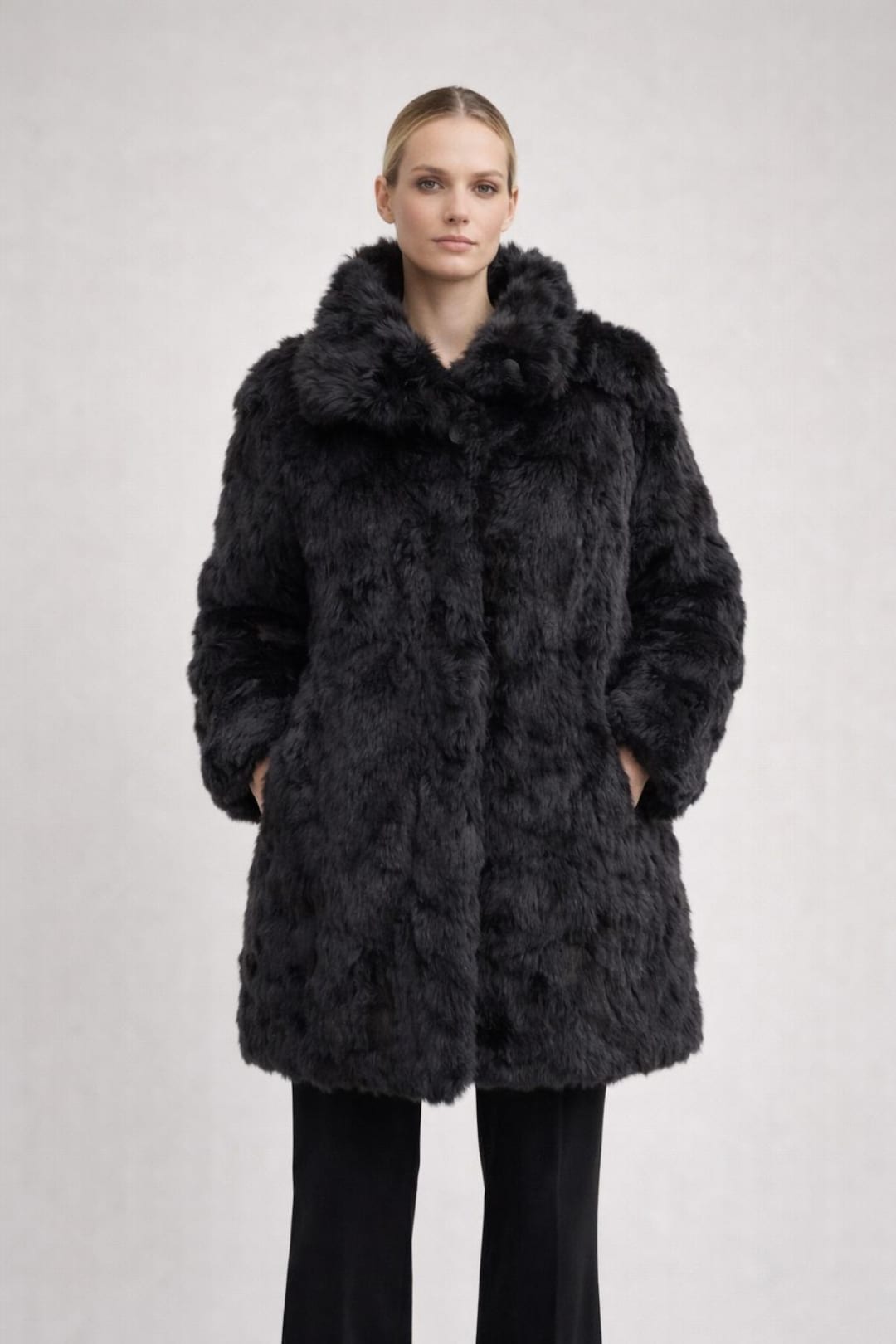 Vintage Rabbit Fur Coat. Long Fur Jacket in Black Colour. Winter