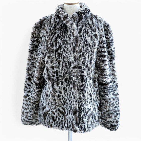 Faux Fur Leopard Coat Vintage Gray Black Vegan Fur Jacket M Faux Fur Leopard Coat Vintage Gray Black Vegan Fur Jacket M