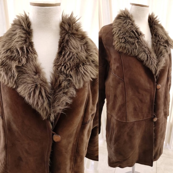 80's Womens Dark Brown Shearling Coat. Vintage Boho Penny Lane Coat. Suede  Leather Coat. Vintage Shearling Jacket. Long Winter Overcoat Fur 