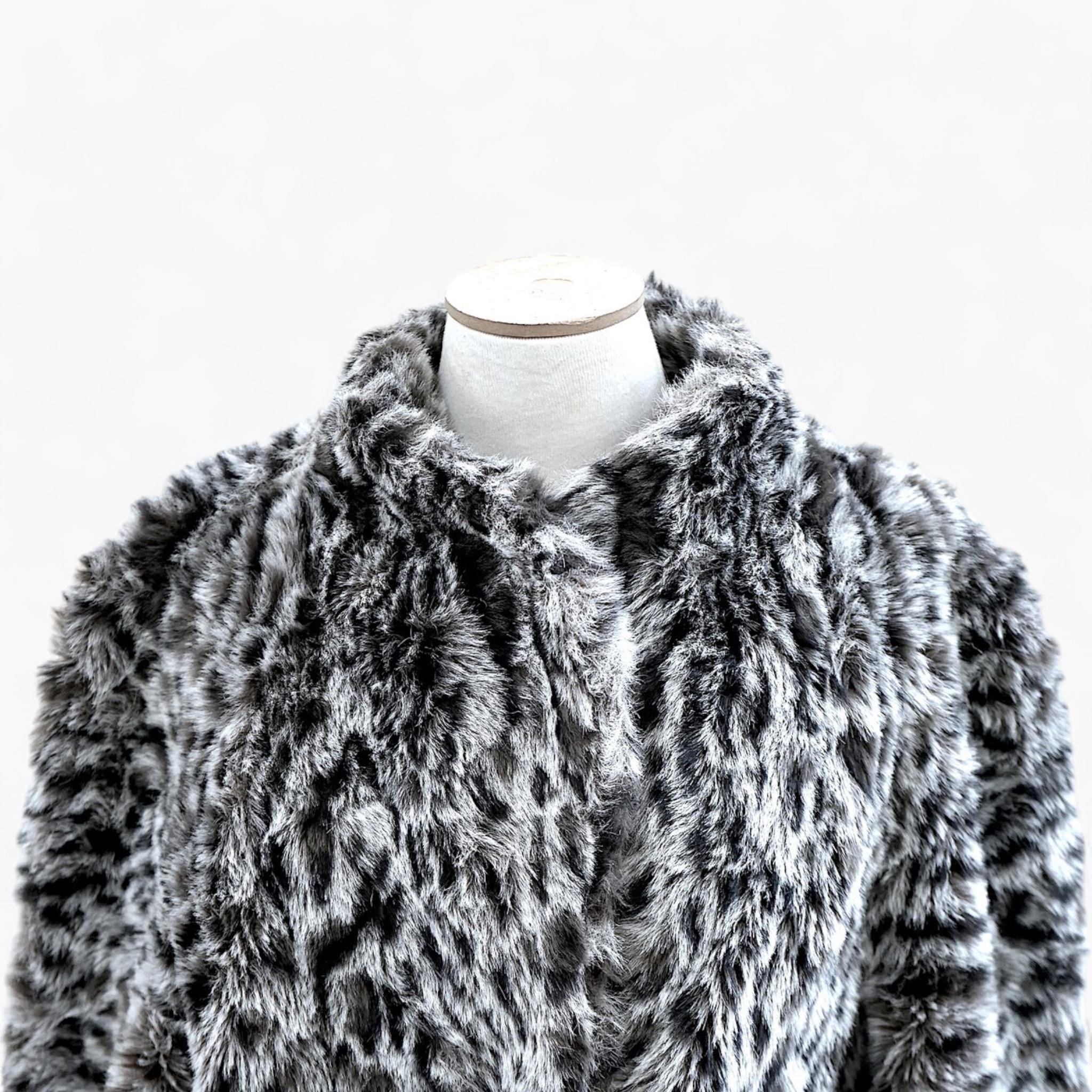 Faux Fur Leopard Coat Vintage Gray Black Vegan Fur Jacket M Faux Fur Leopard Coat Vintage Gray Black Vegan Fur Jacket M