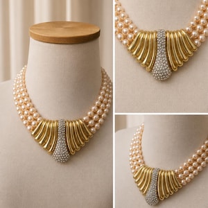 Collar vintage de perlas y diamantes de imitación de Vanity of New York, gargantilla dorada llamativa, collar de perlas sintéticas de múltiples hebras, bisutería de los años 80.