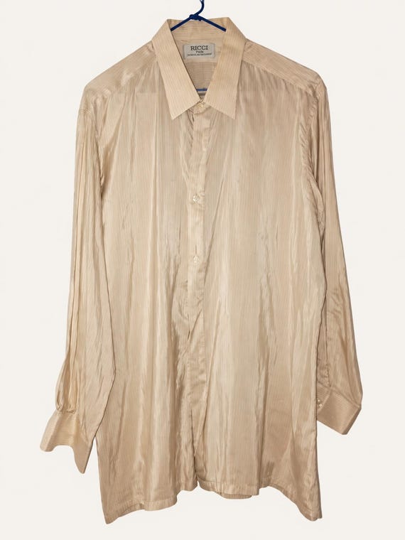 Nina Ricci, Nina Ricci Paris 100% Silk Shirt – 90's Designer Beige Striped Long Sleeve Men's Shirt