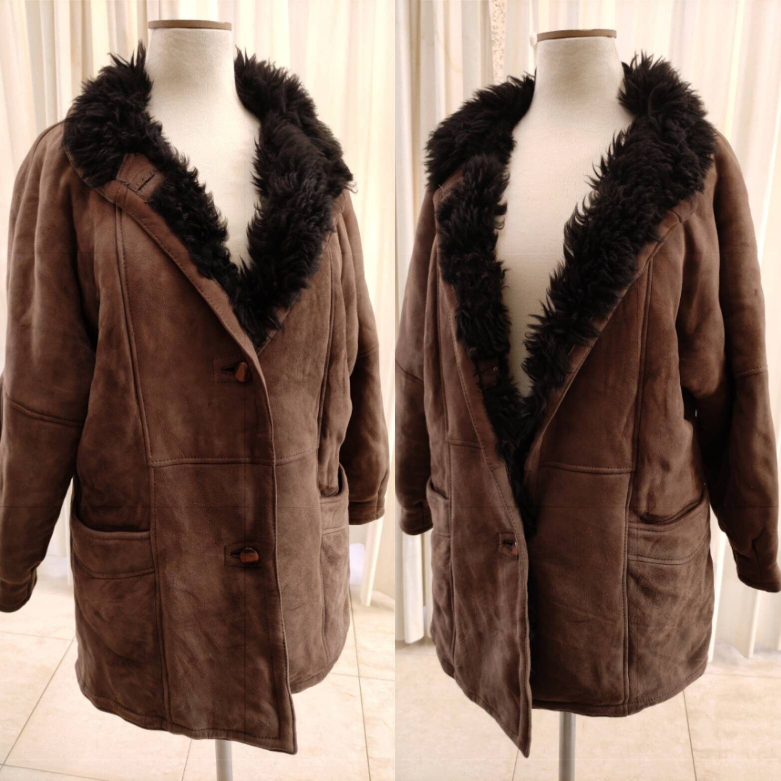 90s Dark Brown Shearling Leather Coat 