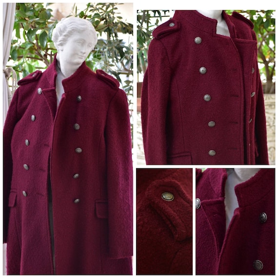 Vintage woman red coat. Military style coat. Long