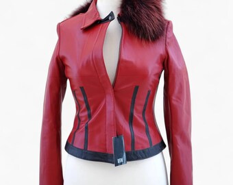 Women’s Real Leather Slim Fit Red Trench Coat, Vintage Leather Jacket with Fur Collar, Stylish Classic Outerwear for Fall & Winter, Gift