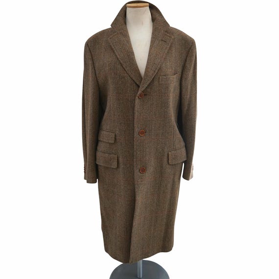 Vintage Tailored Wool Tweed Long Coat, Herringbone Windowpane Check Overcoat, Cantarelli for Brian & Barry, Made in Italy, Size IT 52