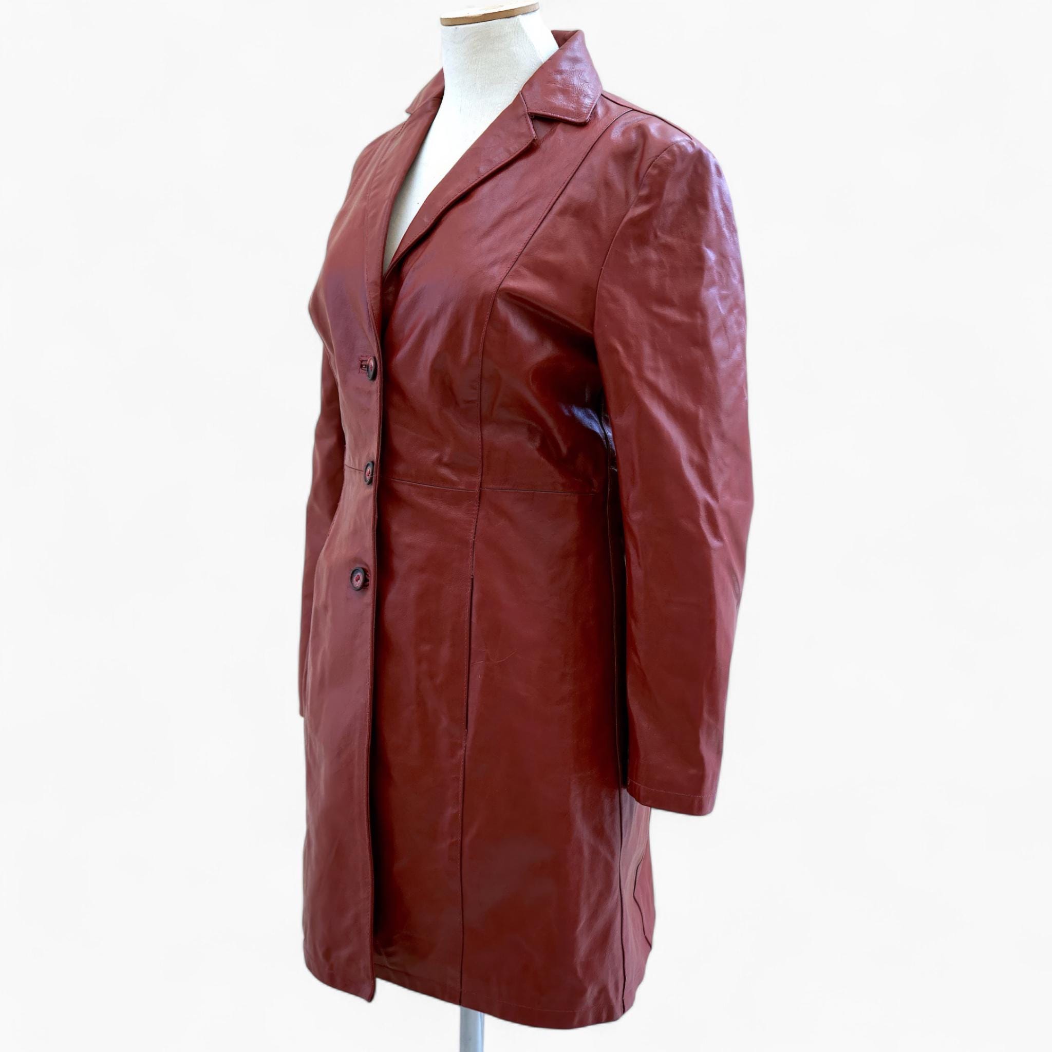 Red Leather Coat. Vintage Leather Jacket. Long Leather