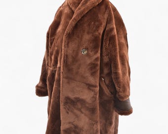 Couture Hélène 80er Jahre Brauner Pelz-Mantel. Vintage Kunstpelz Mantel. Veganes Fell. Vintage Pelzjacke. Frauen Pelzjacke. Flauschiger Teddy Mantel. Geschenk für sie.