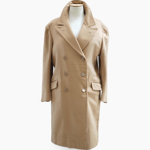 Beige zweireihiger Wollmantel, Vintage tan peacoat Frauen, warmer