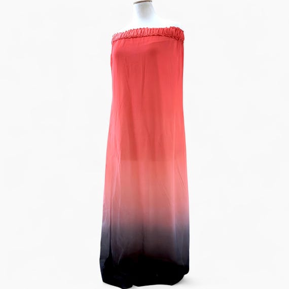 Ombre Sheer Summer Maxi Dress | Red to Black Gradient Strapless Beach Cover Up | Lightweight Resort Wear for Vacation | Vintage Clothing