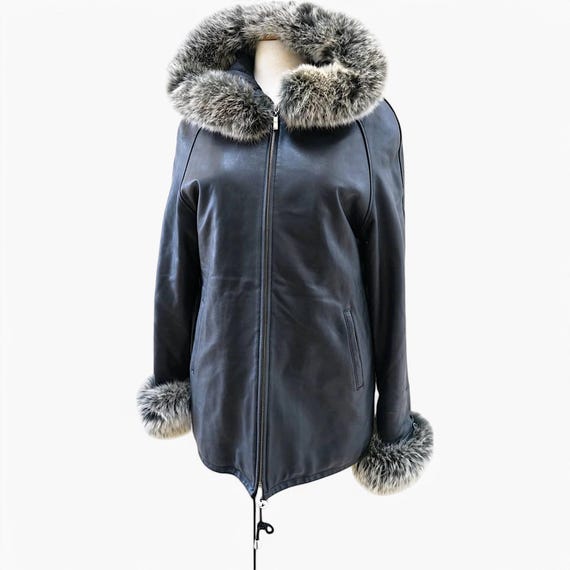 Echte schwarze Lederjacke mit Damen Fell Kapuze
